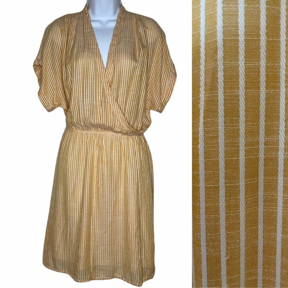 H&M L.O.G.G. Wms Sz 4 Yellow Striped Shirt Dress Faux Wrap Cuffed Sleeve EUC